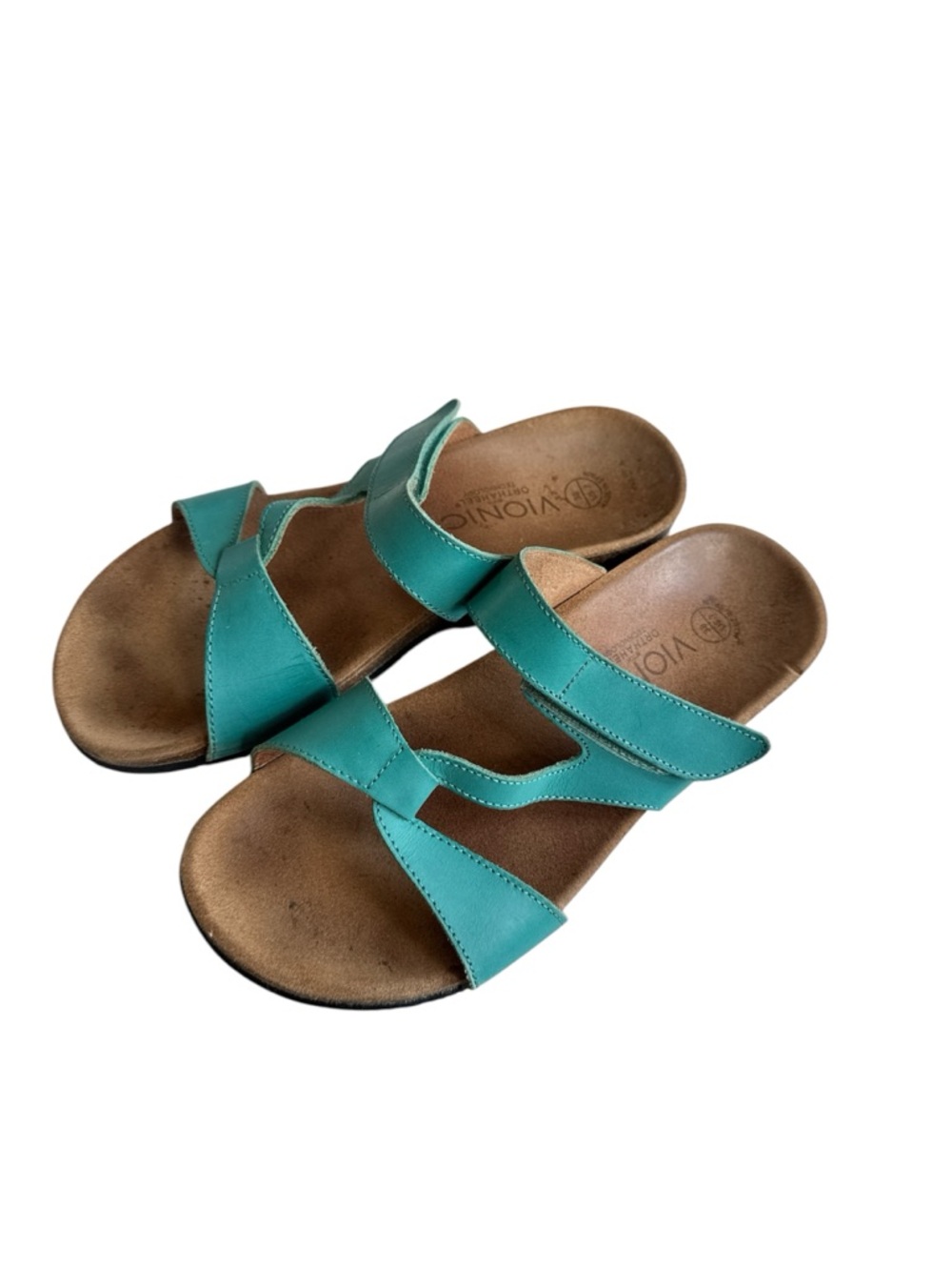 Vionic teal leather orthotic comfort slide sandals with a cork footbed Size 7
